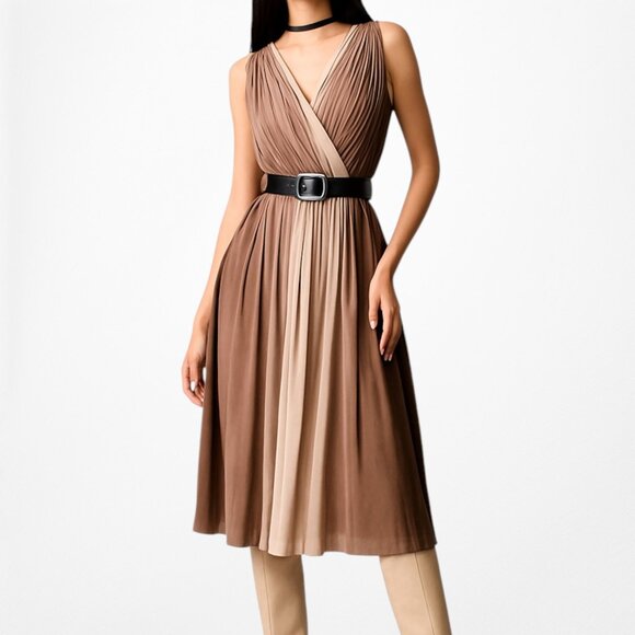 Vintage Y2K Talbots Brown V-Neck Pleated Knee Length Cocktail Dress Size 4/M - Picture 1 of 7